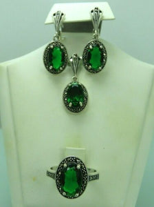 Turkish Handmade Jewelry 925 Sterling Silver Emerald Stone Women's Pendant & Earring Jewelry Set