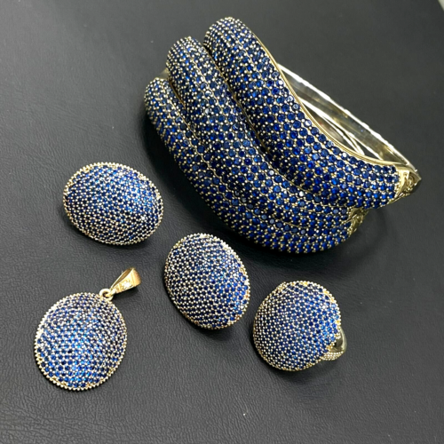 Turkish Handmade Jewelry 925 Sterling Silver Sapphire Women's Earrings, Pendant & Ring Jewelry Set