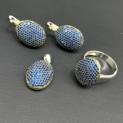 Turkish Handmade Jewelry 925 Sterling Silver Sapphire Women's Earrings, Pendant & Ring Jewelry Set