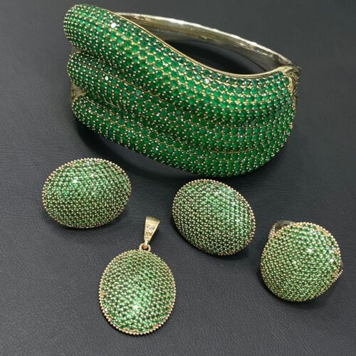 Turkish Handmade Jewelry 925 Sterling Silver Emerald Women's Earrings, Pendant & Ring Jewelry Set